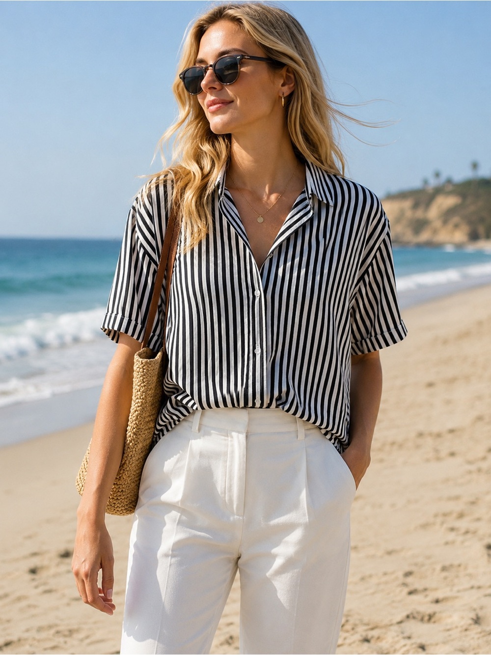 Vertical Stripe Button-Up Shirt — Navy & White